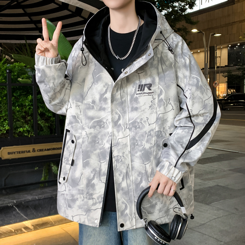 加绒加厚外套男秋冬季美式廓形夹克男潮牌冲锋衣青少年工装上衣服