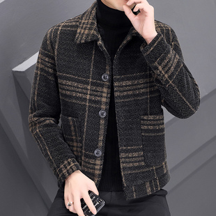 秋冬季金貂绒外套男士翻领格子上衣青年休闲毛呢大衣短款加棉夹克