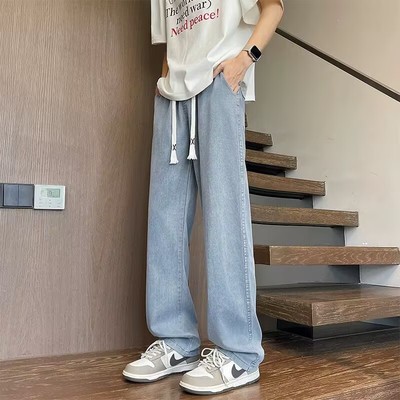 2025新款青少年冰丝牛仔裤男夏季薄款宽松直筒阔腿裤垂感休闲裤子