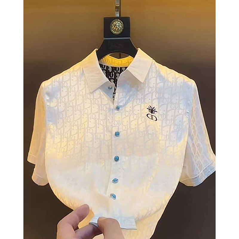 轻奢风翻领短袖衬衫男士夏季冰丝凉感刺绣衬衣高级感百搭半袖上衣图片