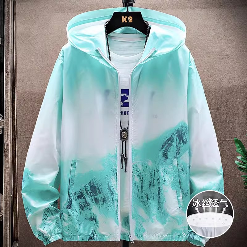 冰丝凉感防晒衣男士夏季轻薄透气连帽外套雪山印花户外钓鱼防晒服