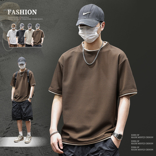 男士 夏季 大码 纯色套头上衣体恤衫 潮 美式 宽松休闲百搭圆领短袖 新款