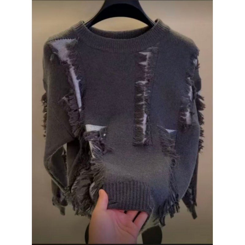 韩系休闲设计感破洞毛衣男款时尚潮牌流苏针织衫加厚保暖个性线衫