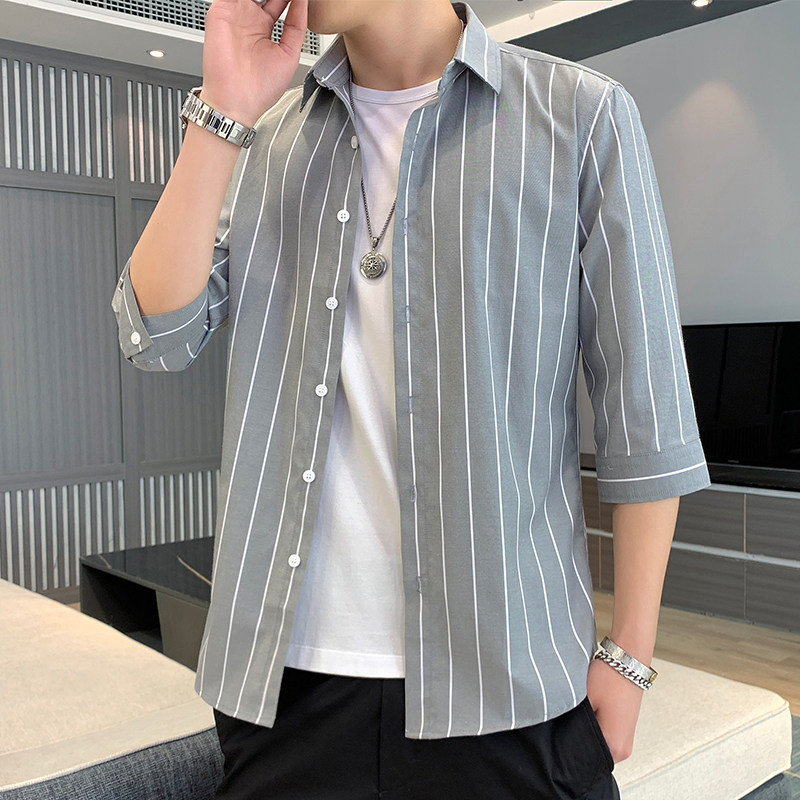 夏季条纹衬衫男士短袖修身韩版潮流帅气痞帅7七分袖衬衫中袖衬衣,男装,衬衫,淘宝优惠券,粉丝福利购,淘宝优惠卷