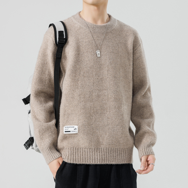 2025新款圆领毛衣男秋冬季潮牌加厚保暖内搭打底针织衫纯色毛线衣