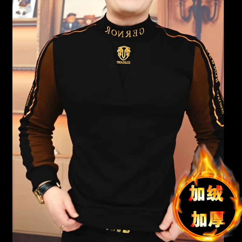 欧洲站秋冬半高领卫衣男加绒加厚轻奢修身长袖T恤拼接刺绣打底衫