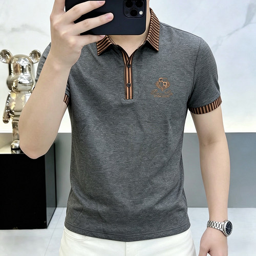 夏季轻奢条纹翻领短袖T恤男士POLO衫高档时尚商务男装半袖上衣潮