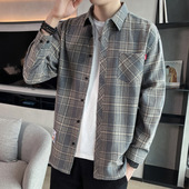 男长袖 春夏季 磨毛衬衣服男韩版 格子衬衫 青少年潮流休闲寸衫 外套
