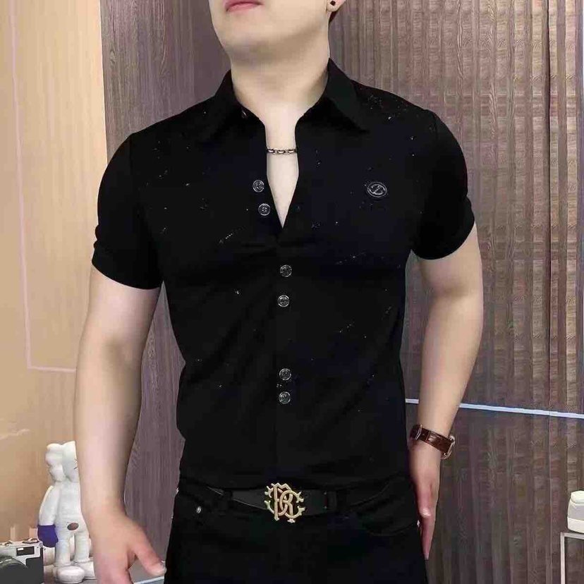 欧洲站夏季短袖T恤男轻奢时尚重工流星陨石烫钻翻领轻熟风POLO衫