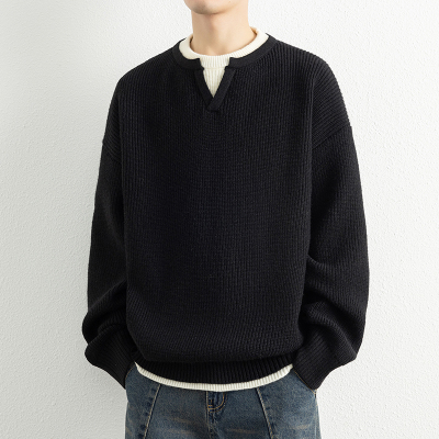 美式复古假两件毛衣男款秋冬季新款慵懒风针织衫男装打底衫上衣潮