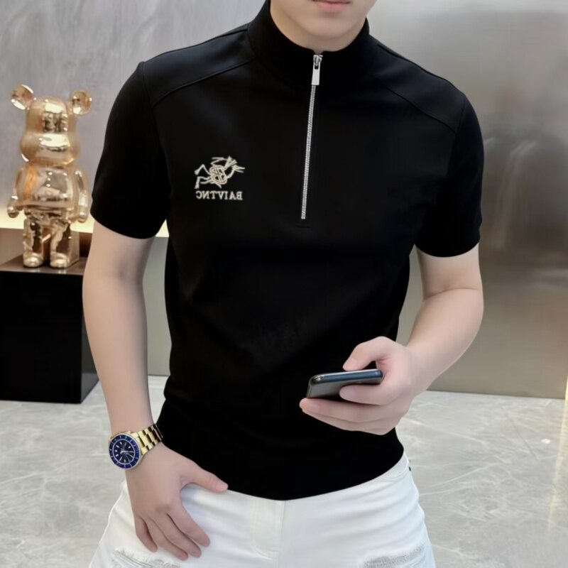 欧货轻奢冰丝凉感男士立领短袖半拉链骑行服简约休闲上衣潮牌T恤