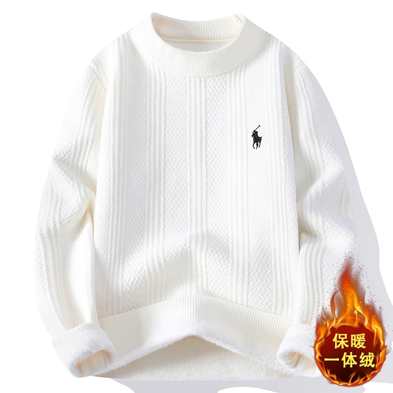 男士秋冬季一体绒毛衣加绒加厚保暖针织衫宽松圆领刺绣休闲打底衫