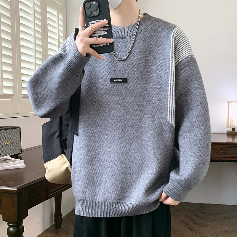 秋冬季青少年圆领毛衣男孩高中学生加厚打底针织衫大童保暖线衣服