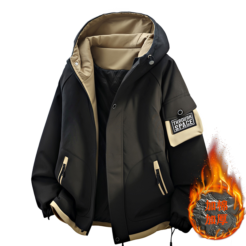 青少年秋冬二棉冲锋衣款式夹克男帅气初中学生连帽高中生薄棉外套