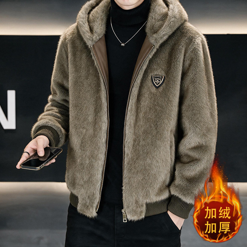 欧洲站潮男痞帅连帽加厚仿皮草外套男士秋冬毛绒夹克百搭休闲男装