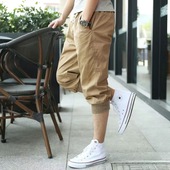 男夏季 纯棉过膝束脚裤 七分裤 潮牌男生薄款 子 休闲运动工装 7分短裤