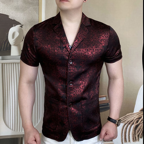 欧货夏季短袖男西服轻奢时尚简约凉感暗纹提花修身凉感POLO衫外套