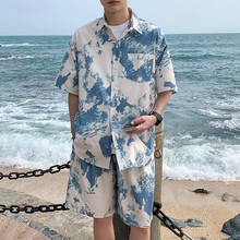 三亚度假冰丝凉感套装男夏季薄款宽松沙滩花衬衫短袖短裤俩件套潮
