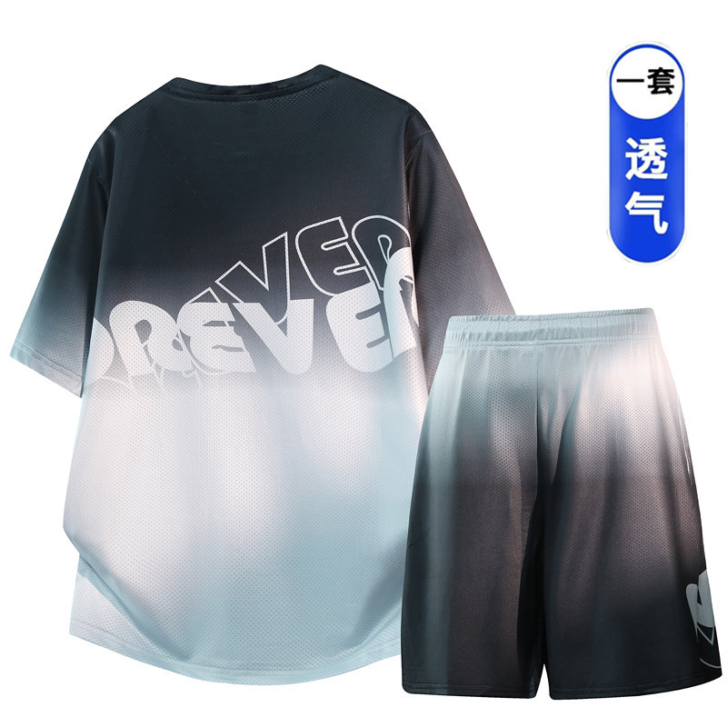 夏季篮球服套装男生初中生冰丝速干短袖t恤青少年大童渐变色球衣