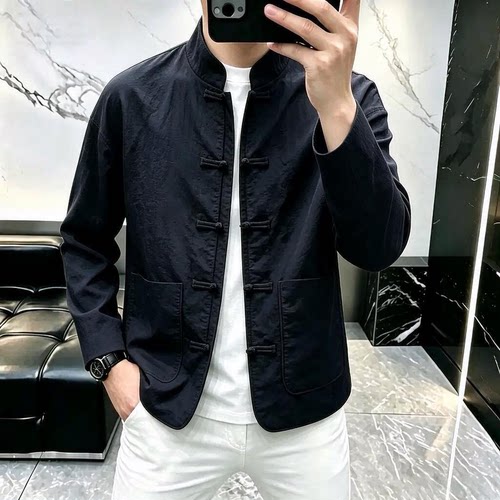 高档轻奢新款长袖时尚潮流中国风外套上衣服开衫休闲立领唐装外套