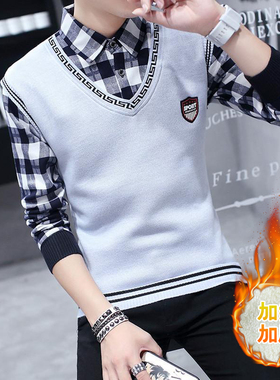 秋冬季毛衣男假两件加绒加厚保暖衬衣潮流线衣衬衫外套上衣服男装