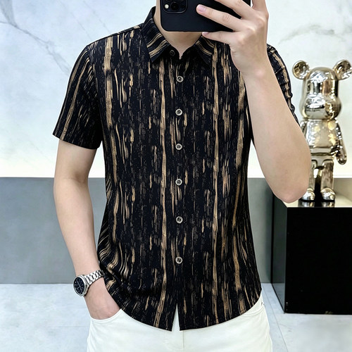 欧货夏季新款男士翻领条纹短袖衬衫时尚百搭休闲潮流修身半袖上衣