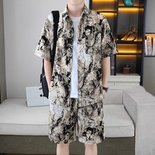 痞帅衬衣一套男夏季冰丝套装高级感花衬衫短袖短裤沙滩两件套搭配