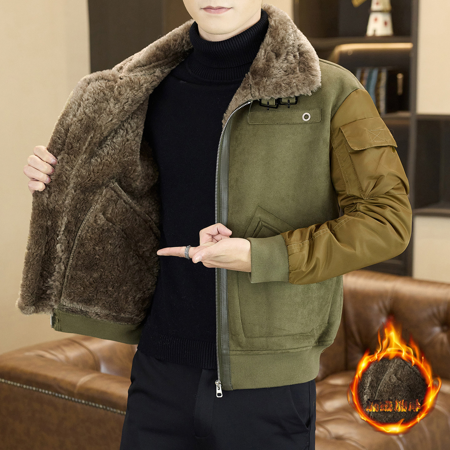 高级感男士皮毛一体外套军绿色毛领夹克加厚保暖防寒棉服帅气皮草,男装,皮草,淘宝优惠券,粉丝福利购,淘宝优惠卷