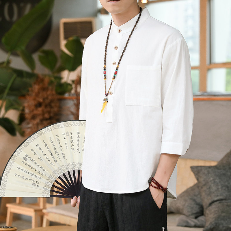 中国风男装夏季棉麻七分袖体恤男中老年短袖t恤v唐装衣服复古汉服