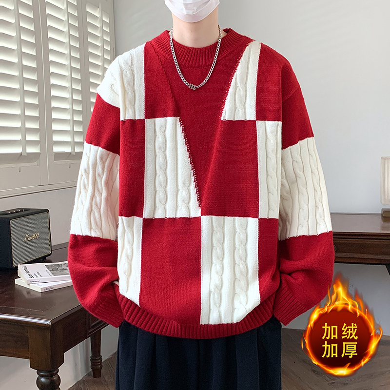 青少年慵懒风拼接撞色加绒加厚毛衣男生本命年红色保暖针织打底衫