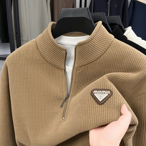 立领半高拉链绣标卫衣男士2024秋冬新款加绒加厚条纹针织衫毛衣潮