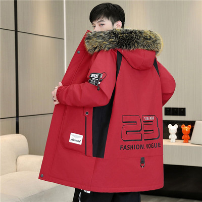 中长款外套男秋冬青少年连帽大红色夹克休闲帅气加绒潮牌加厚风衣