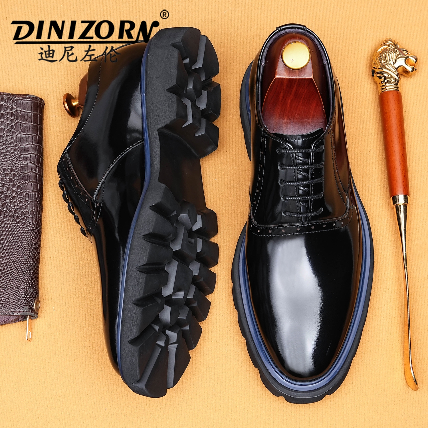 厚底皮鞋男款2025新款真皮亮面英伦布洛克雕花尖头商务休闲牛津鞋