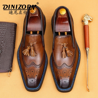 英伦乐福鞋男2025新款真皮商务休闲雕花布洛克流苏一脚蹬正装皮鞋
