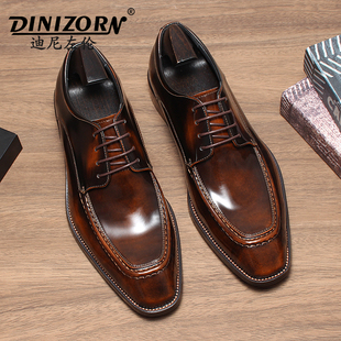 男亮面方头牛皮高端真皮手工结婚新郎德比鞋 迪尼左伦商务正装 皮鞋