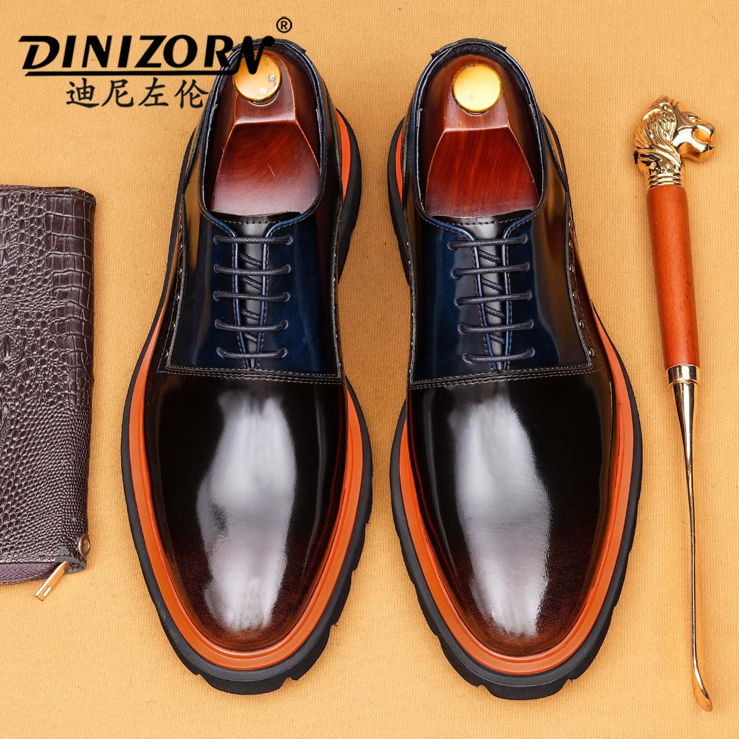 厚底皮鞋男款2025新款真皮亮面开边珠英伦铆钉商务休闲尖头牛津鞋