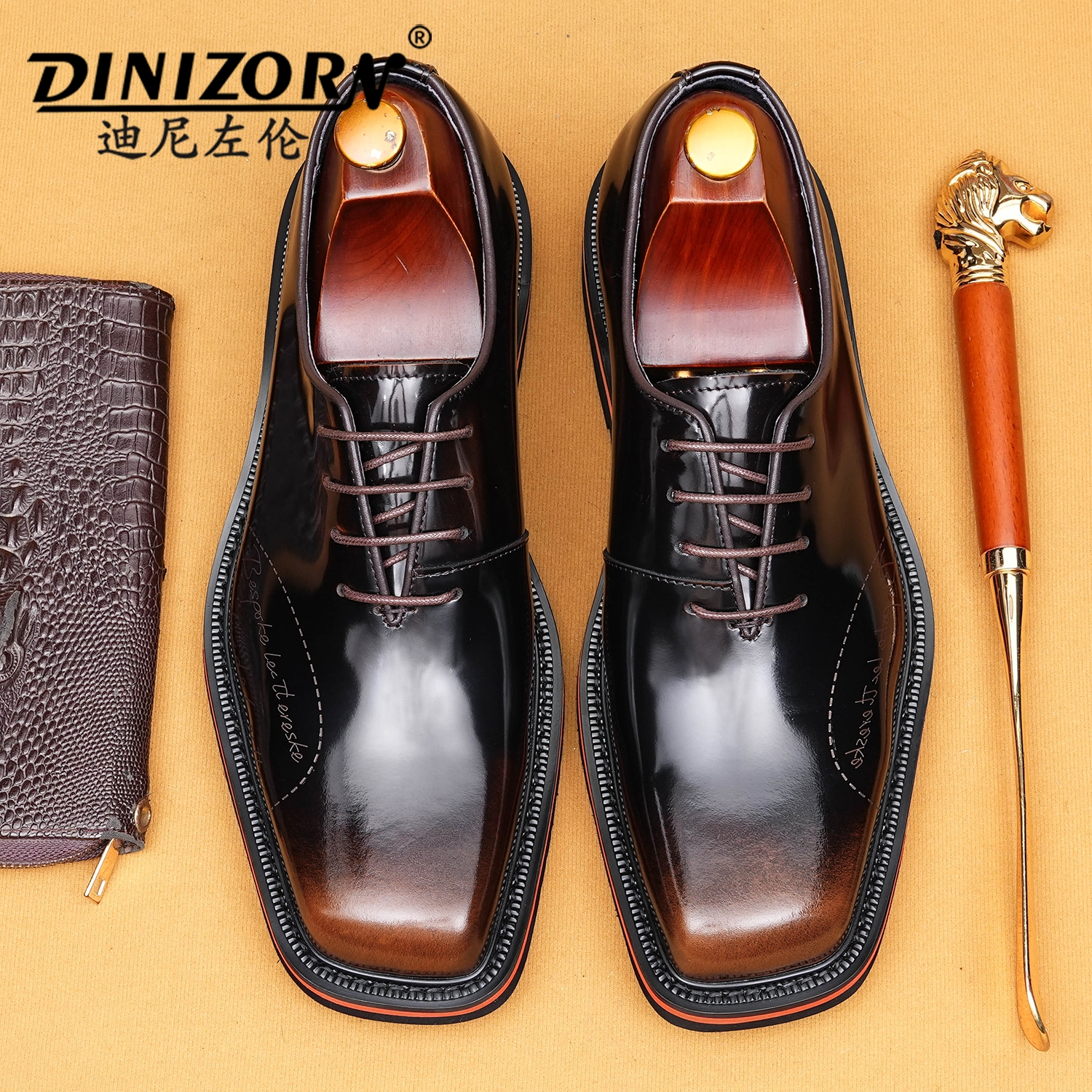 方头皮鞋男英伦2025新款真皮亮面开边珠雕花商务正装整张皮牛津鞋