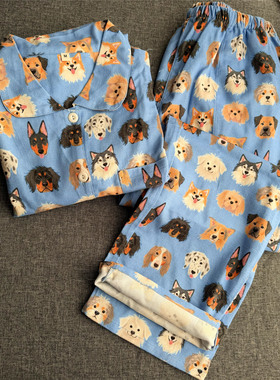蓝色各种旺的女款睡衣小狗印花粉卡通纯棉磨毛布长袖长裤亮色个性