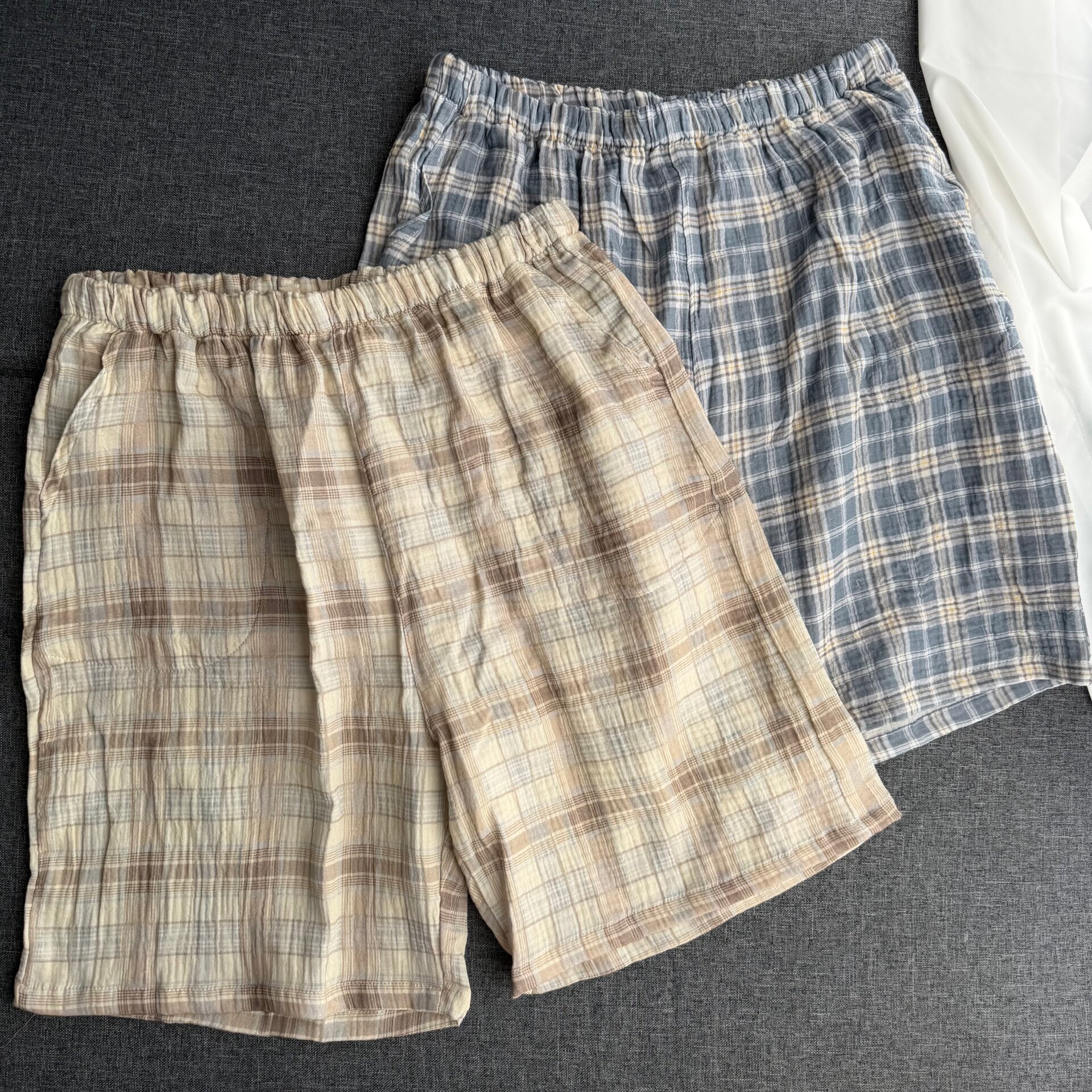 纯棉双层纱布睡裤短裤男士夏季格子经典新款有口袋大码加大