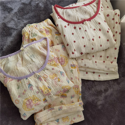 甜美新款女纯棉绉布睡衣家居服套装长袖长裤套头公主猫闺蜜春夏秋
