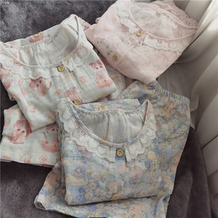 夏季 蕾丝花边薄款 短裤 纯棉纱布清新唯美数印女生睡衣家居服短袖