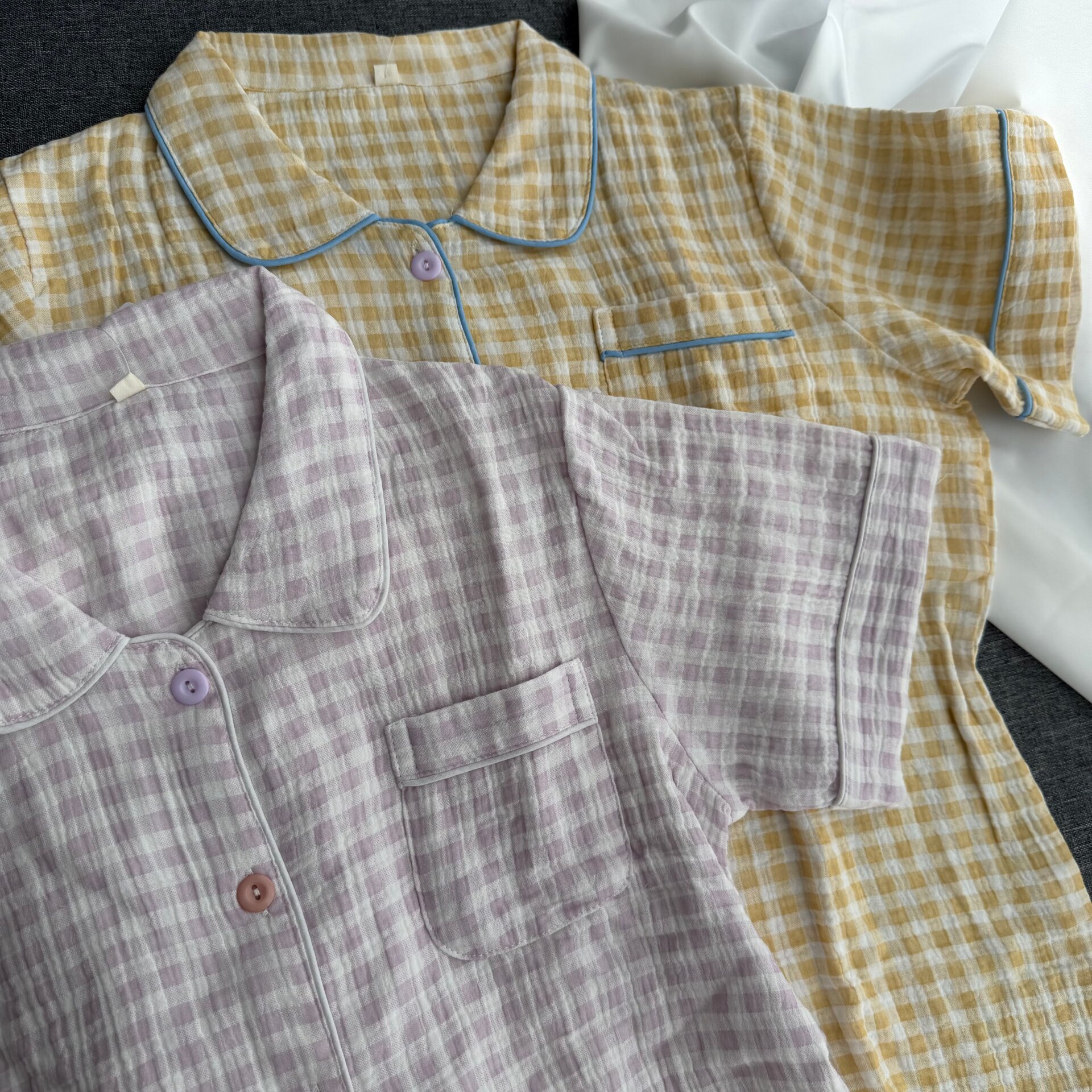 纯棉双层纱布睡衣短袖短裤长裤夏季睡衣套装水洗棉纱俏皮格子亮色