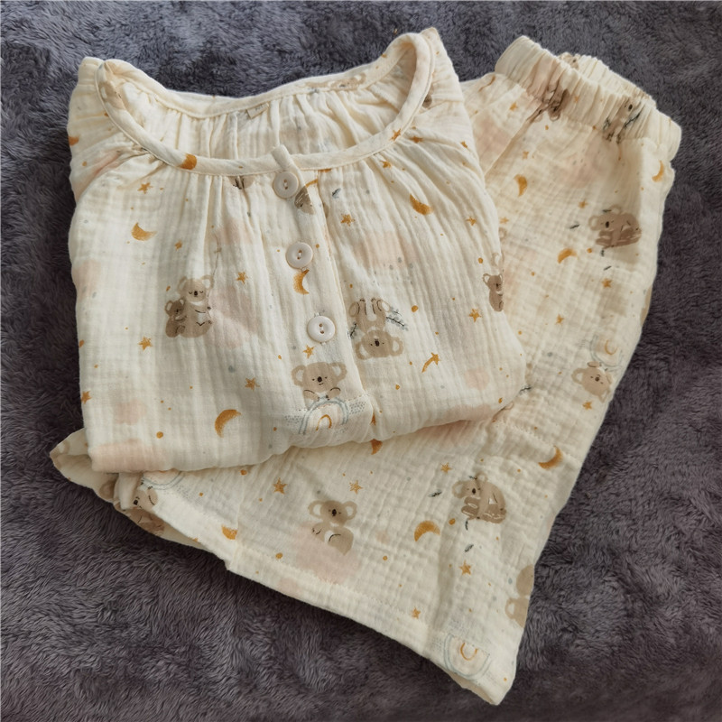 女款简约薄款圆领短袖短裤夏季睡衣纯棉双层纱布可爱考拉