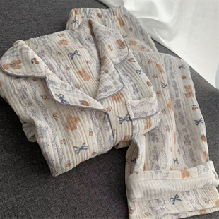 秋季纯棉加厚四层纱布女士家居服睡衣柔软婴儿棉长袖长裤花边小兔