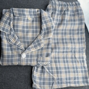夏季男款短袖短裤睡衣家居服格子绉布套装纯棉双层纱布软糯有大码