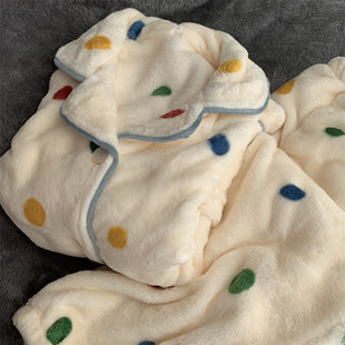 法兰绒新款睡衣秋冬家居服女士彩色大点多巴胺亮色长袖长裤翻领