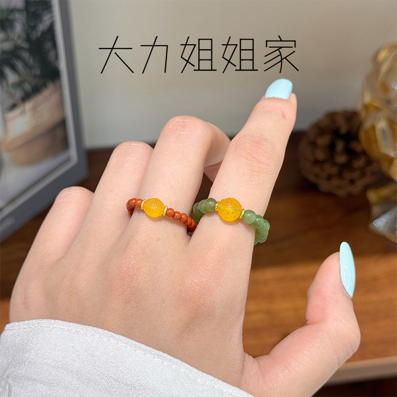 复古简约银饰南红蜜蜡戒指