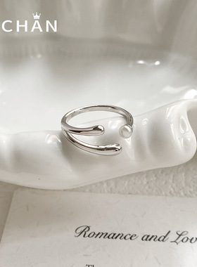 气质简约小众几何线条珍珠戒指极简风开口可调节个性潮流指环