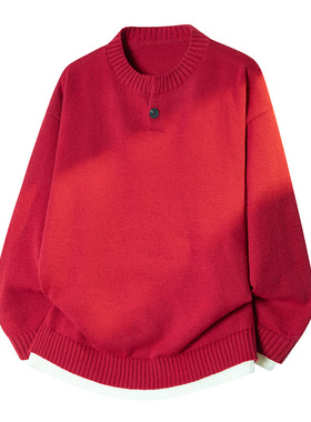 OCW潮牌 红色圆领针织毛衣男女2026新款宽松百搭本命年保暖针织衫