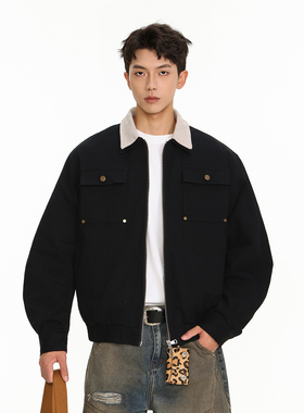 OCW潮牌 美式纯棉撞色翻领夹克男2026秋冬新款青少年宽松工装外套
